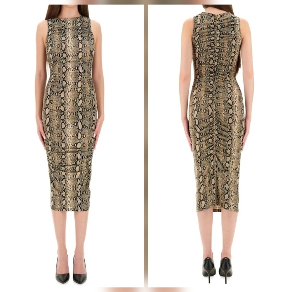 NWT Michael Kors Snake Print Ruched Midi Bodycon Dress Soft Ecru XS
